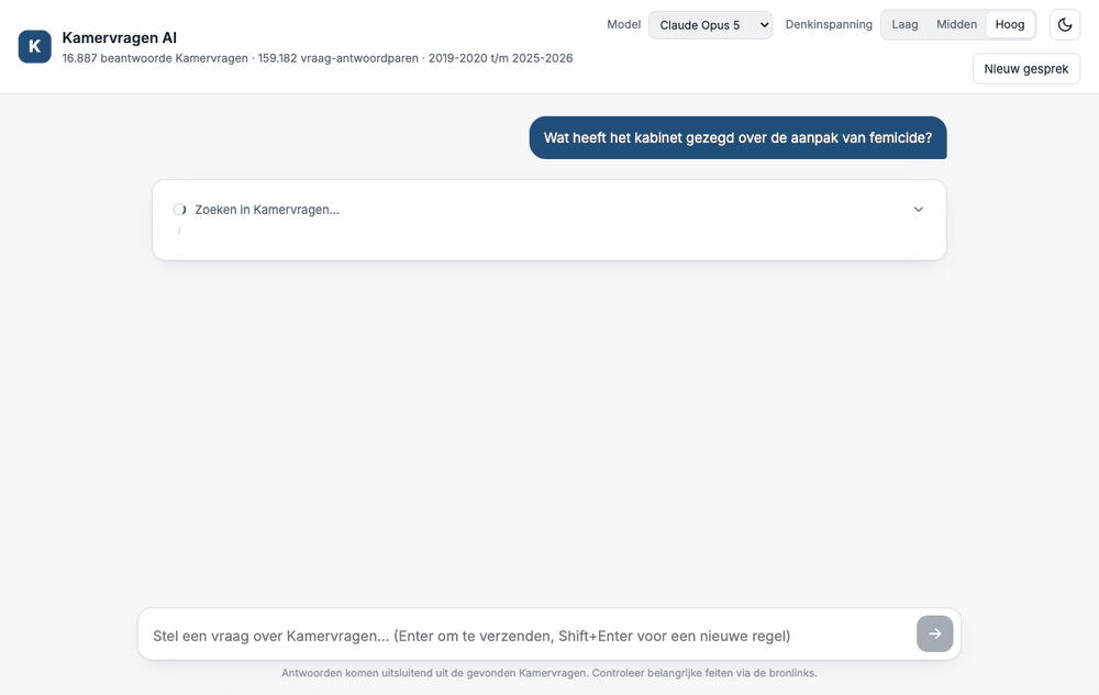 Kamervragen AI beantwoordt een vraag over femicide: zoekstappen verschijnen, het antwoord streamt binnen en elke zin krijgt een genummerd citaat.